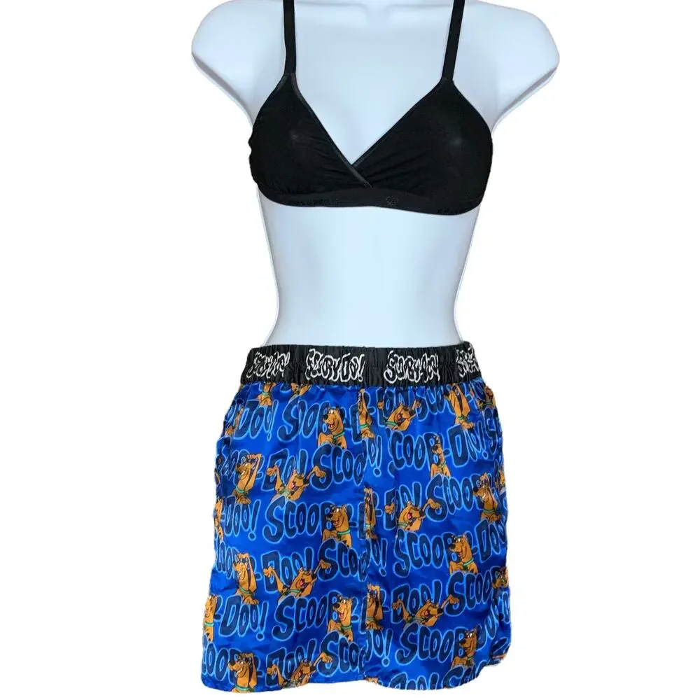 Scooby Doo Blue Satin Mini Skirt XS Pencil One of A Kind Kidcore Logo Upcycled - Picture 2 of 6